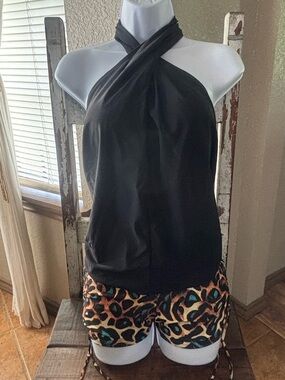 Black Twist Halter Swim Built in Bra Top with Leopard Print Bikini Bottoms